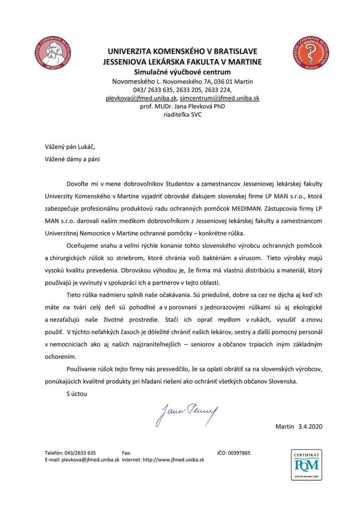 List z Univerzity Komenského v Bratislave, Jesséniovej lekárskej fakulty v Martine